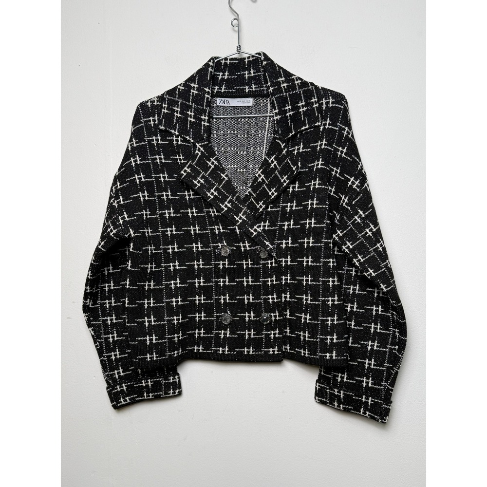 Zara Womens Black White Plaid Metallic Double Breasted Knit Cardigan‎ Jacket S